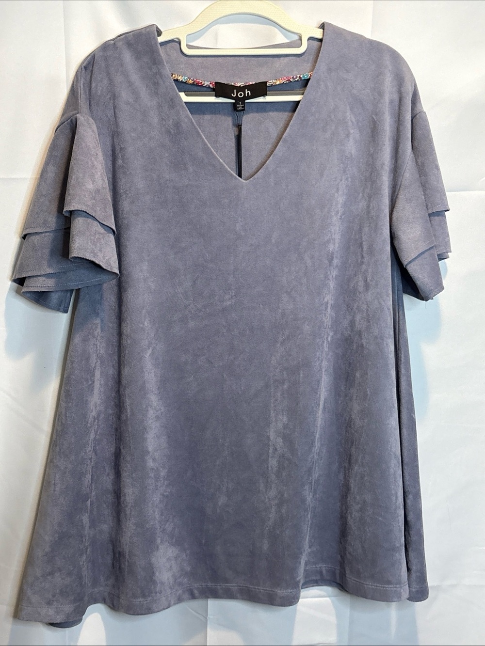 Joh Dusty Lavender V-Neck Tiered Flutter Sleeve Faux Suede Tunic